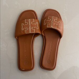 Tory Burch Tan Logo Slide Sandals
